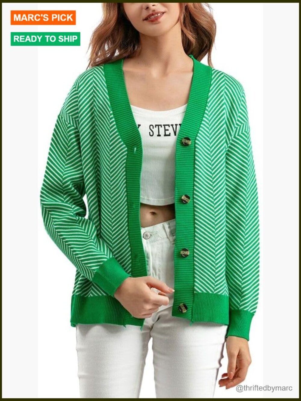 Women's Button Down V Neck Herringbone Striped Sweater Cardigan Jacket Coat